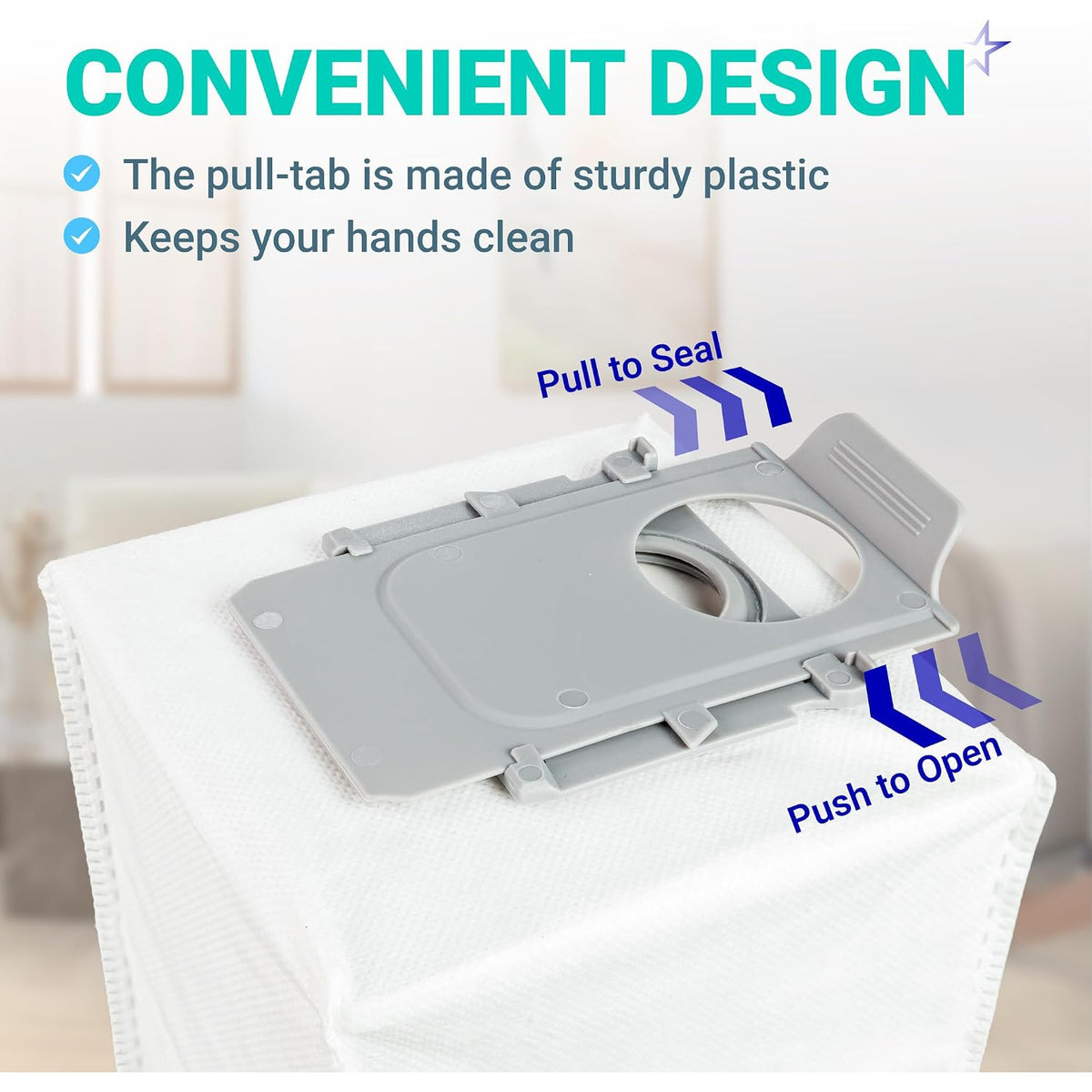 QV 35A replacement dust bag close-up showing gray plastic pull-tab with pull-to-seal and push-to-open labels