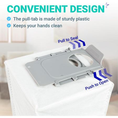 QV 35A replacement dust bag close-up showing gray plastic pull-tab with pull-to-seal and push-to-open labels