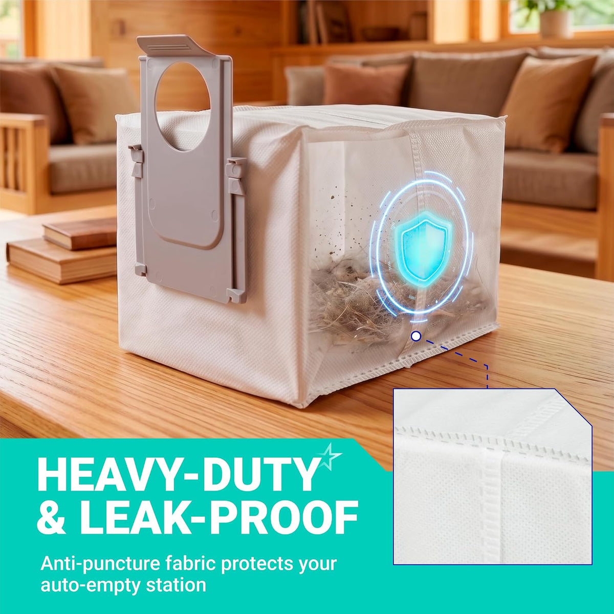 24-Pack Qrevo QV 35A Replacement Dust Bags, bag shown with heavy-duty, leak-proof fabric callout