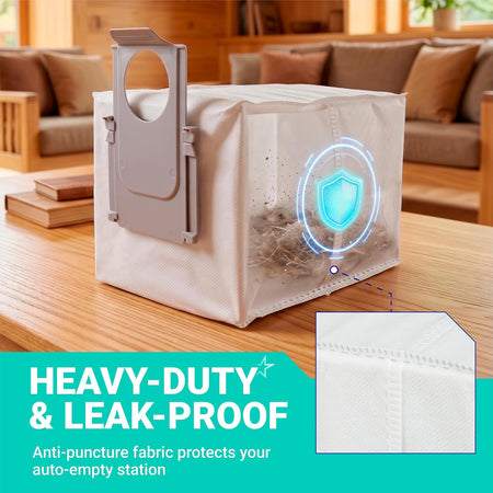 24-Pack Qrevo QV 35A Replacement Dust Bags, bag shown with heavy-duty, leak-proof fabric callout
