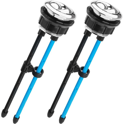Two 38mm dual push toilet tank flush buttons with adjustable black and blue rods.