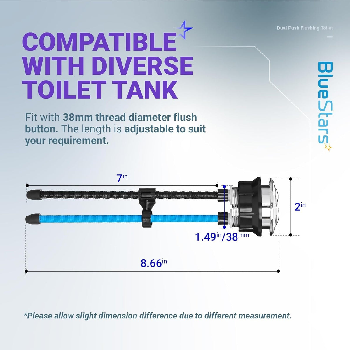 Dimensional diagram of 38mm dual push toilet flush button with adjustable rods and measurements.