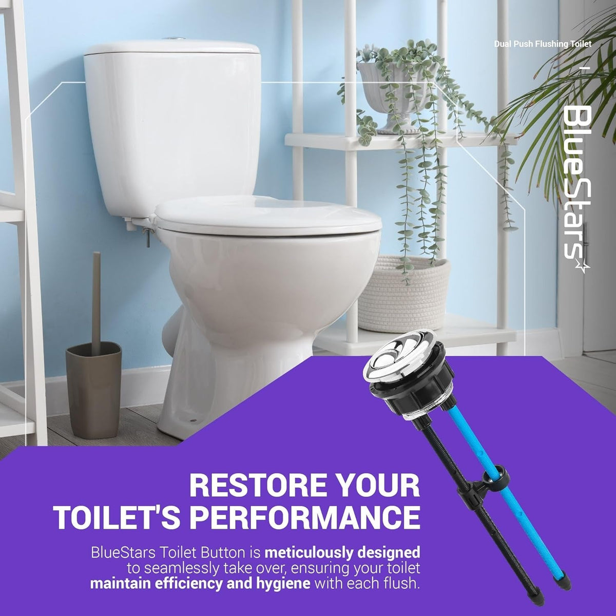 38mm dual push toilet tank flush button with adjustable rods shown in a lifestyle product advertisement.