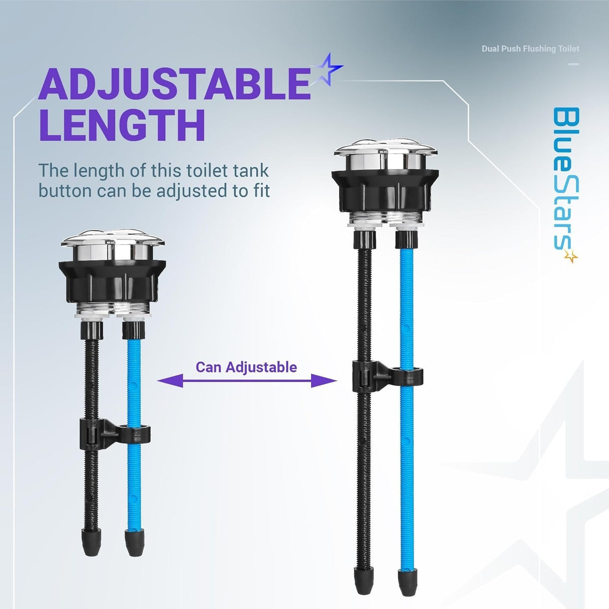 Dual push toilet tank button with adjustable length rods for custom fit.