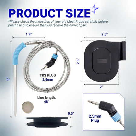 4-Pack Meat Temperature Probe for Weber iGrill, Weber Connect product size diagram with dimensions and 2.5mm plug