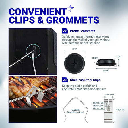 4-Pack Meat Temperature Probe for Weber iGrill, Weber Connect showing probe grommets and stainless steel clip dimensions