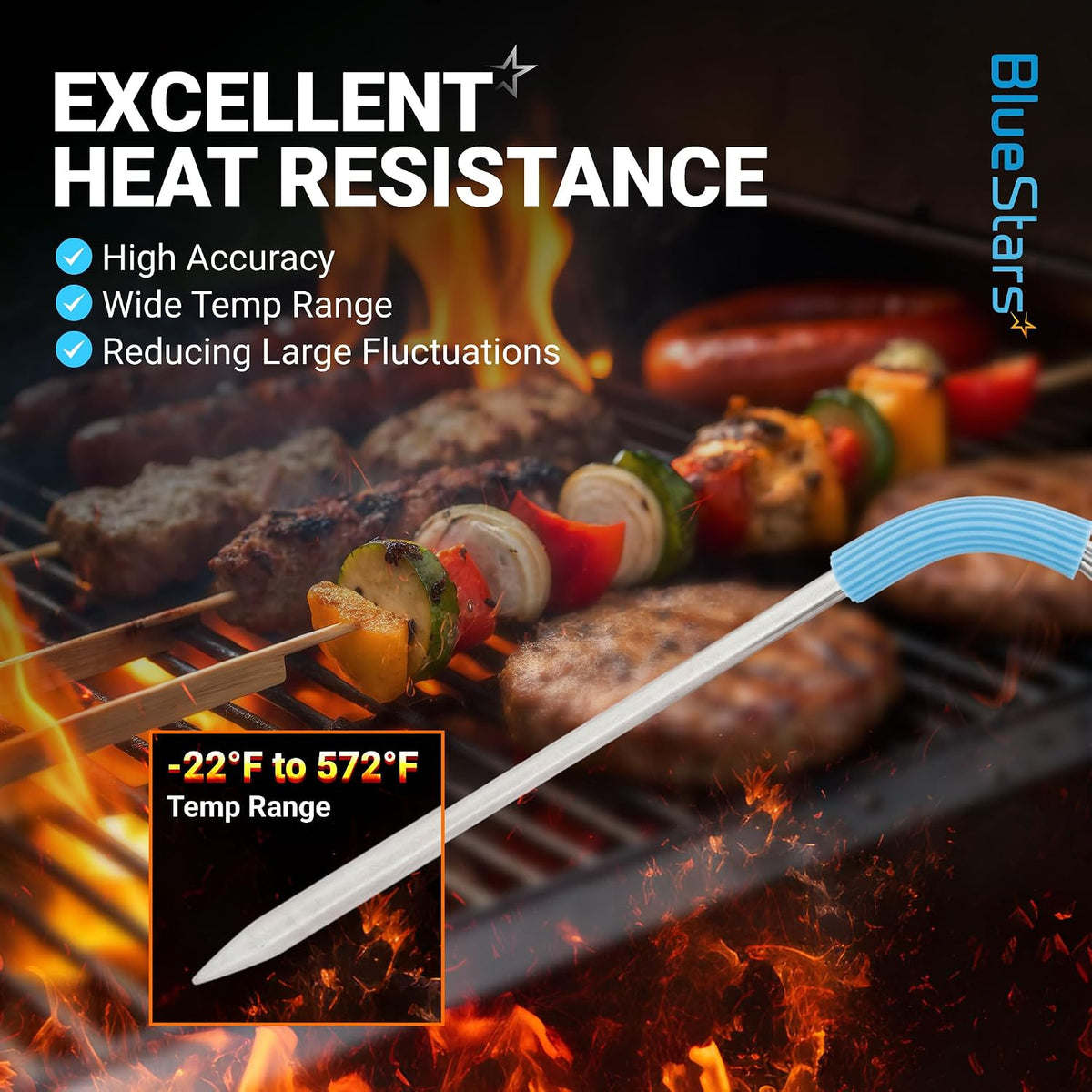 4-Pack Meat Temperature Probe for Weber iGrill, Weber Connect shown over a grill with -22°F to 572°F temperature range
