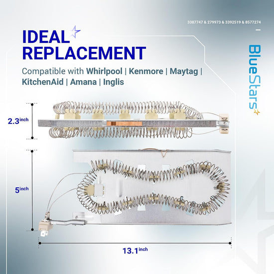 3387747 Dryer Heating Element, dimension diagram showing 2.3-inch and 5-inch elements with a 13.1-inch length