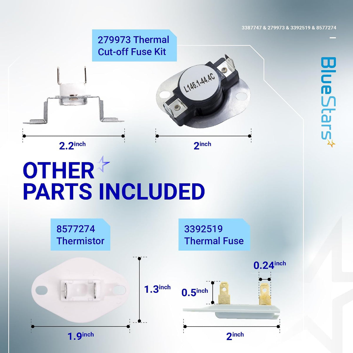 3387747 Dryer Heating Element graphic with 279973 thermal cutoff kit, 8577274 thermistor and 3392519 thermal fuse dimensions