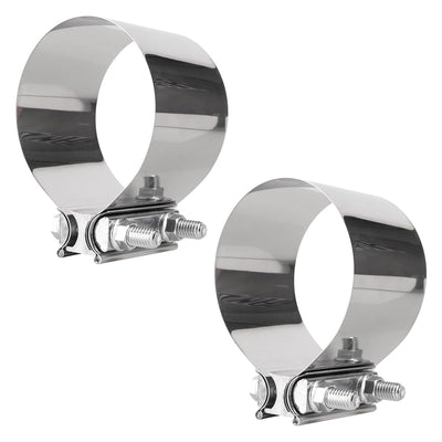 Two 4-inch butt joint band clamps made of polished 304 stainless steel with bolt-tightening hardware.