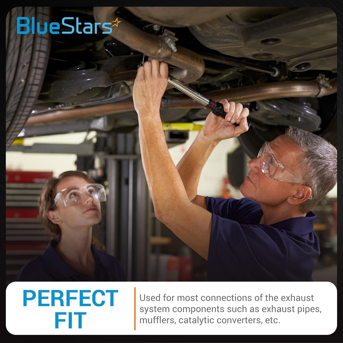 Mechanic installing a 4-inch stainless steel butt joint band clamp on a vehicle exhaust system.