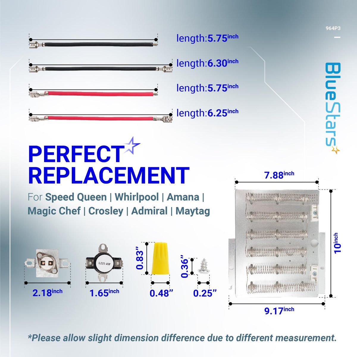 Dimensional diagram of Speed Queen dryer heating element kit with thermal fuses, wires, and hardware specifications.