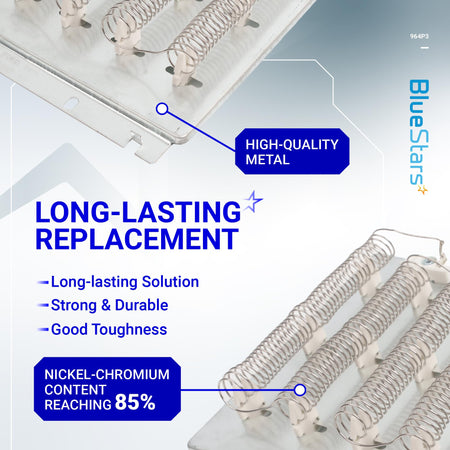 Infographic showing high-quality metal construction of Speed Queen dryer heating element replacement.