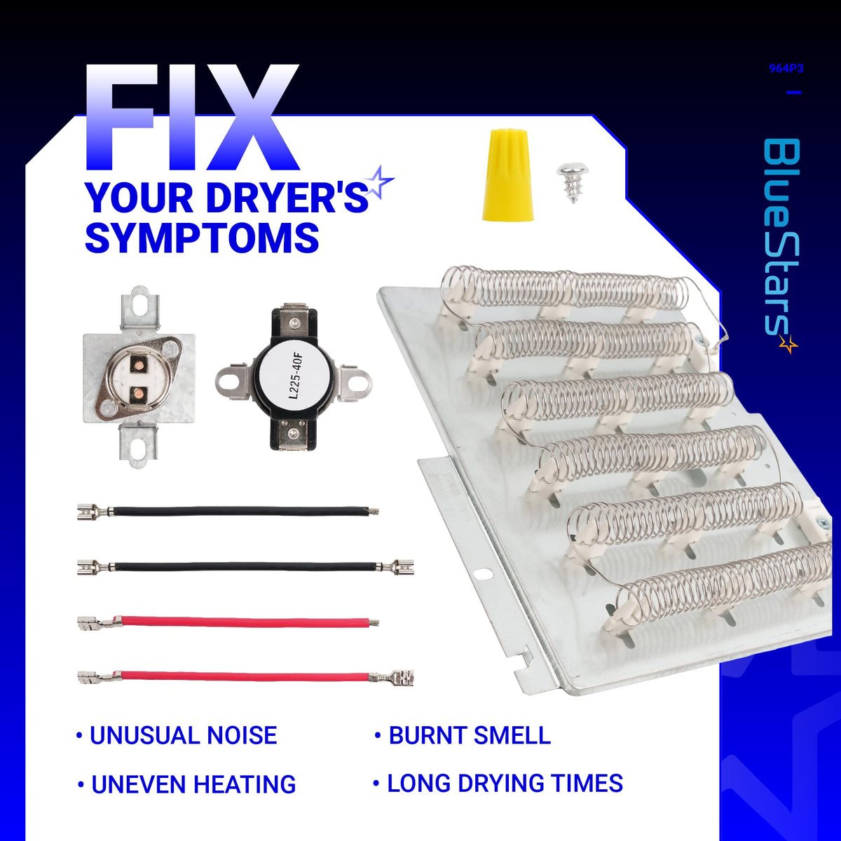 Dryer heating element kit for Speed Queen including heating coil assembly, thermal fuses, and wire leads.