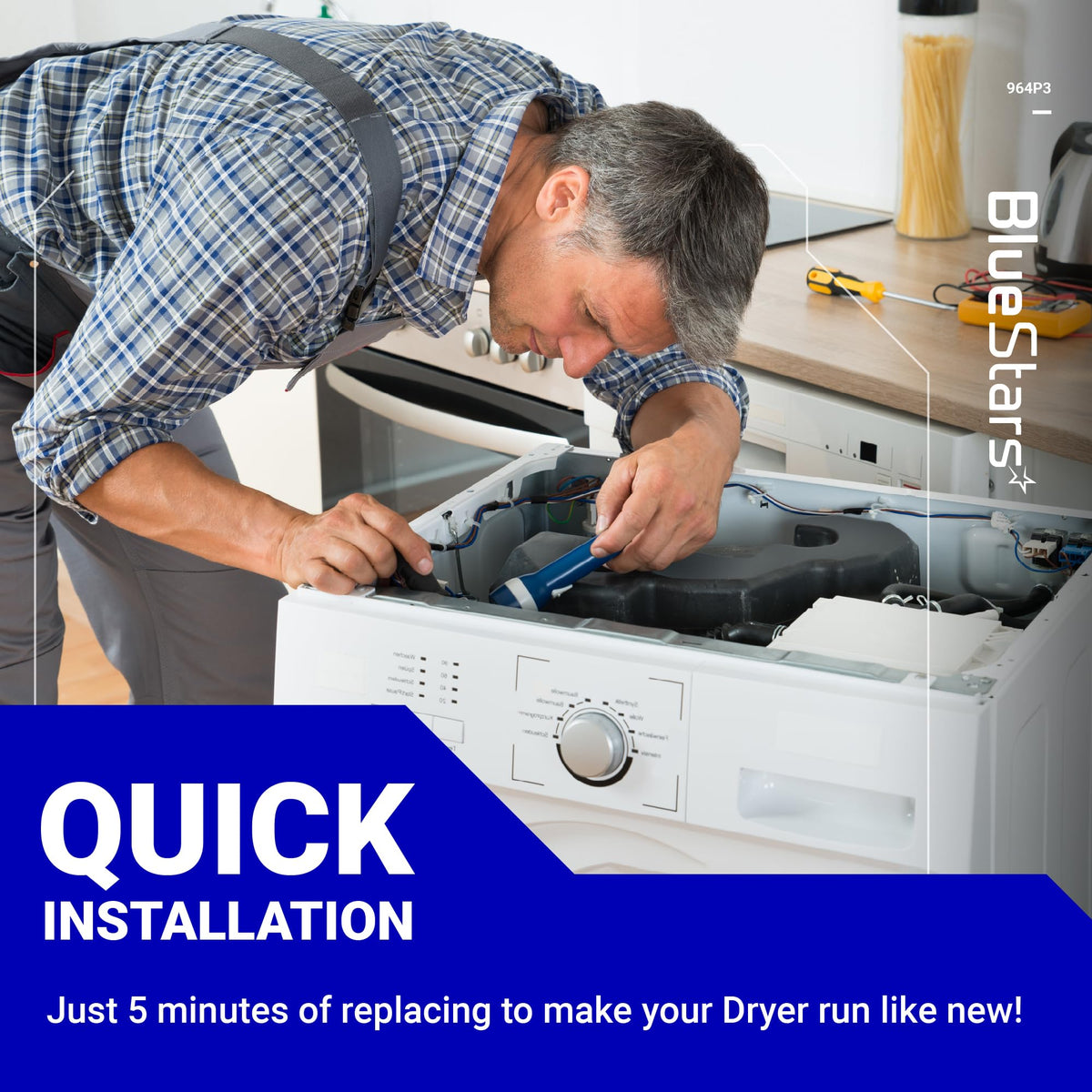 Technician performing a quick installation of a Speed Queen dryer heating element kit.