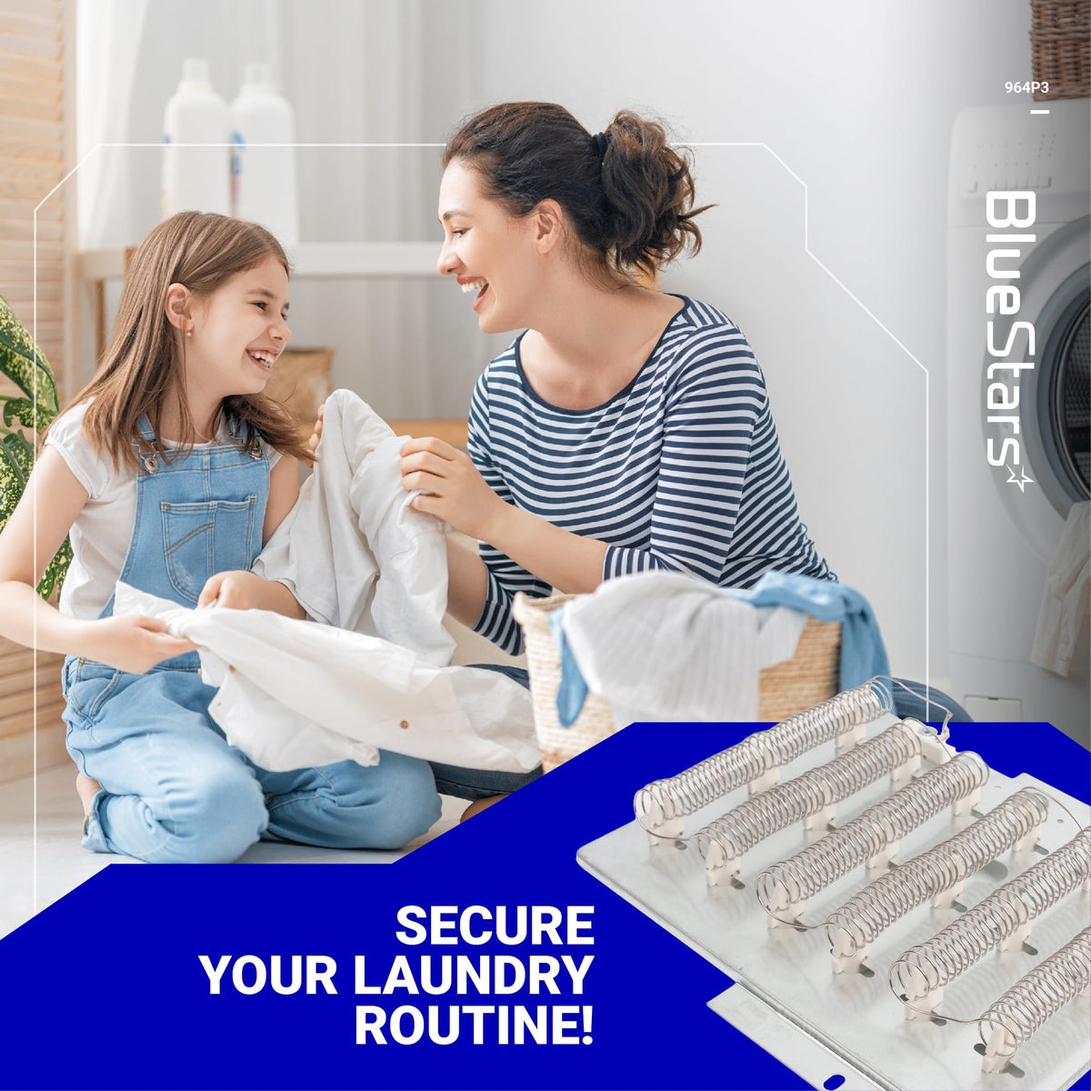 Dryer heating element replacement for Speed Queen dryers, shown in a lifestyle marketing graphic.