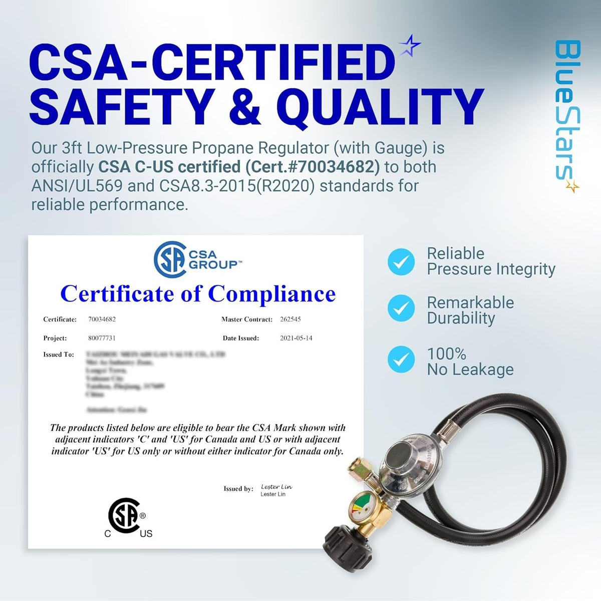 CSA-certified 3-foot propane hose and regulator with gauge, showing safety compliance certificate.