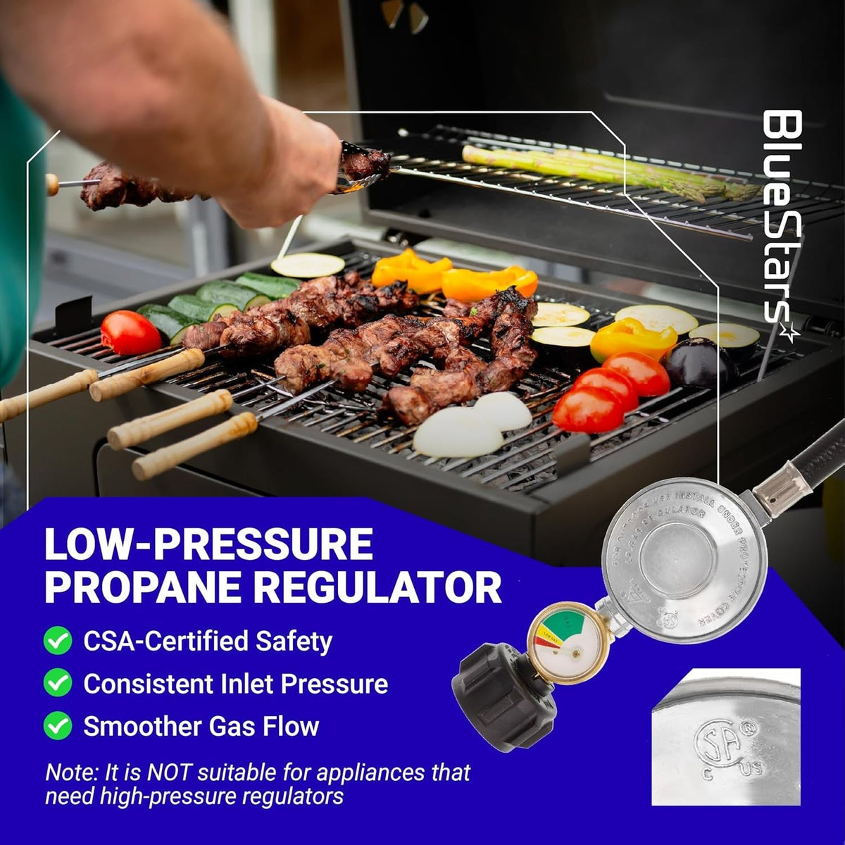 Low-pressure propane regulator with gauge used for gas grills, shown in a lifestyle graphic with safety features.