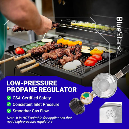 Low-pressure propane regulator with gauge used for gas grills, shown in a lifestyle graphic with safety features.
