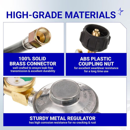 Close-up of propane hose regulator components showing solid brass connector, ABS plastic coupling nut, and metal regulator.