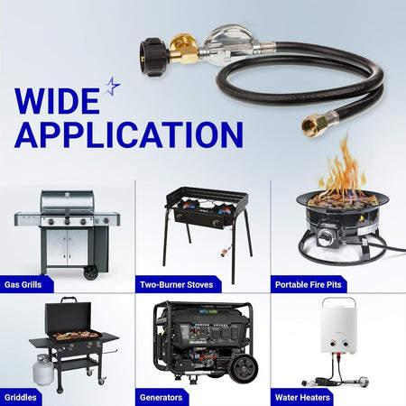 3-foot propane hose and regulator with gauge showing compatibility with grills, stoves, fire pits, and heaters.