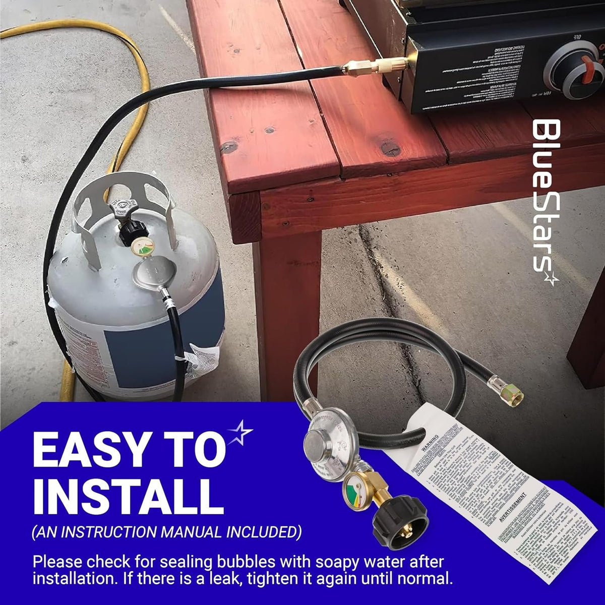 3-foot propane hose and regulator with gauge shown installed on a grill tank with included instruction manual.