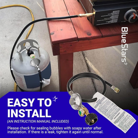 3-foot propane hose and regulator with gauge shown installed on a grill tank with included instruction manual.