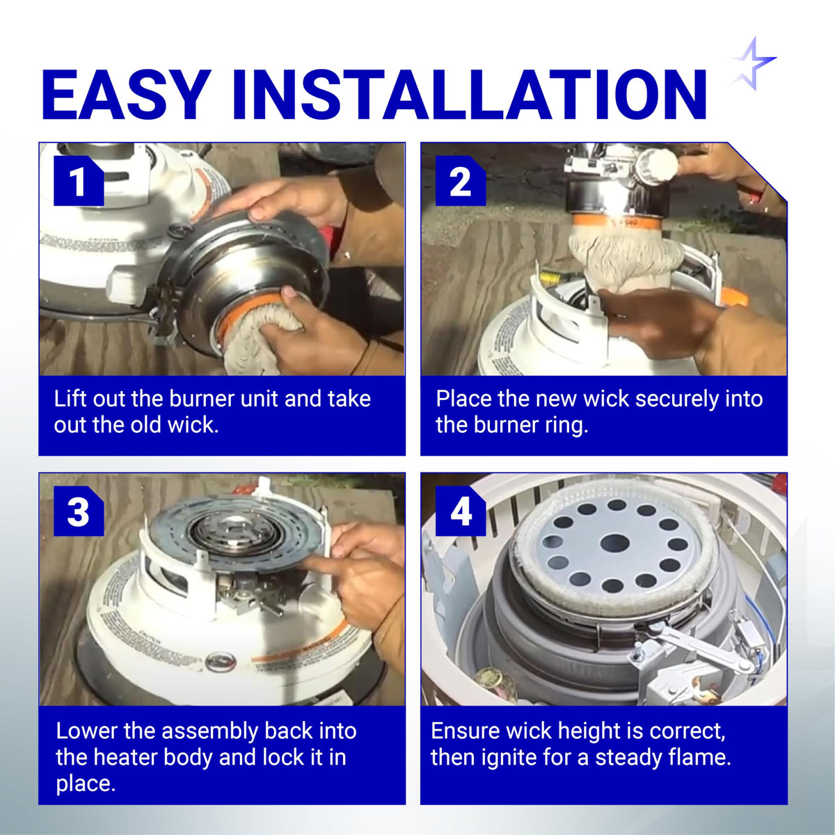 Four-step installation guide for replacing a 32225 kerosene heater wick in a burner assembly.