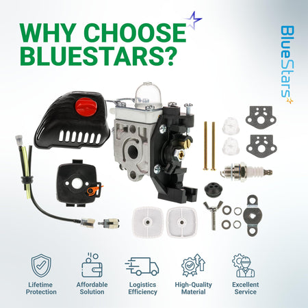 Replacement carburetor kit for Echo SRM-225 trimmer including air filter cover, spark plug, and fuel system components.
