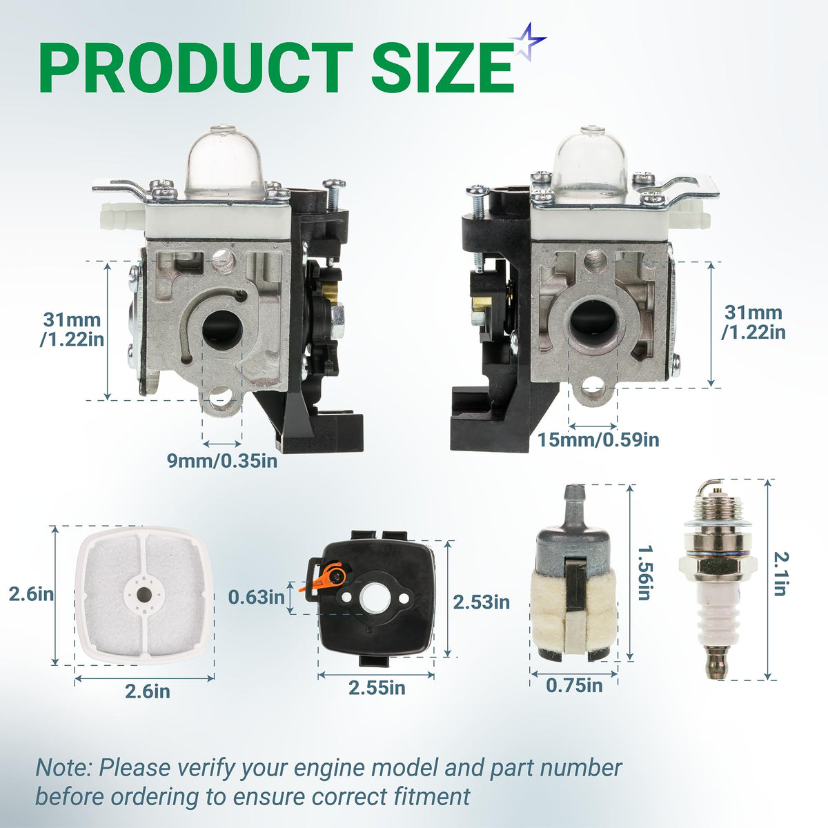 Dimension diagram showing Echo SRM-225 carburetor, air filter, fuel filter, and spark plug with measurements.