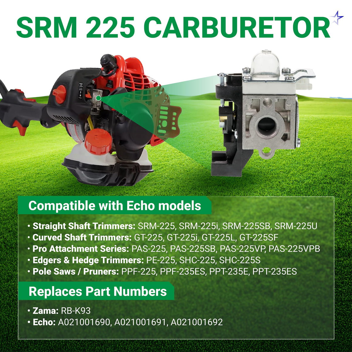 Replacement carburetor for Echo SRM-225 trimmer showing installation point on engine housing.