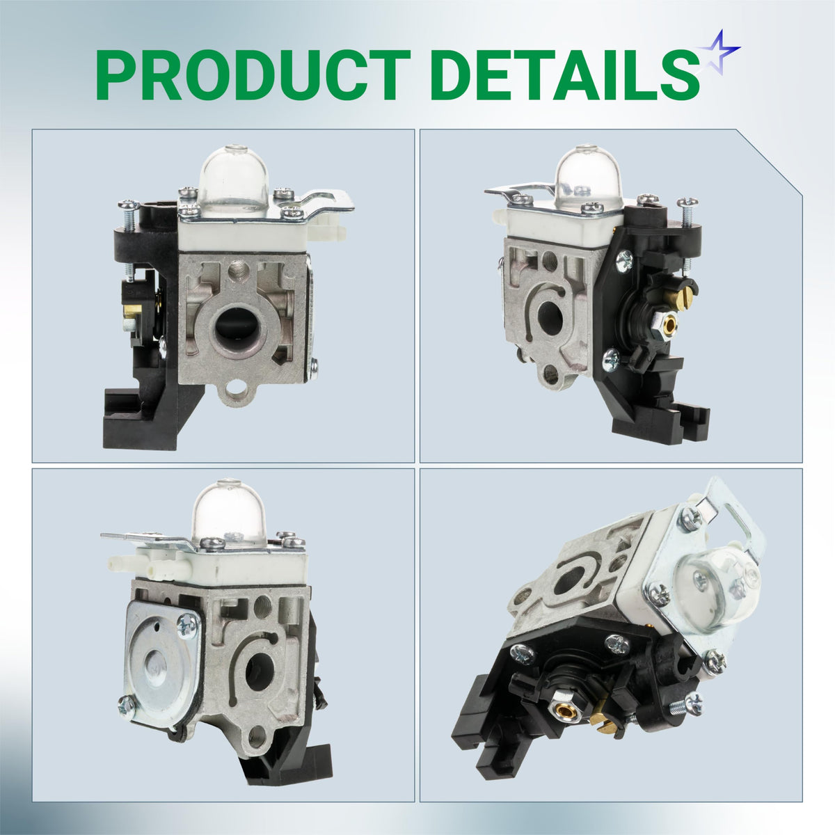 Multi-angle view of Echo SRM-225 trimmer carburetor replacement part with primer bulb.