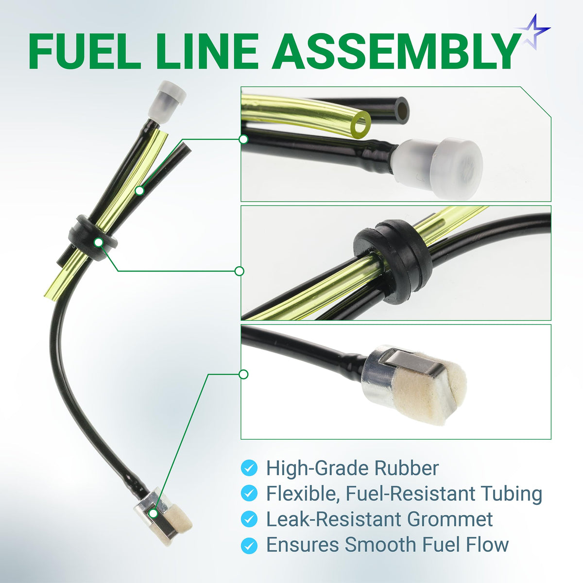 Replacement fuel line assembly with grommet and fuel filter for Echo SRM-225 trimmer.