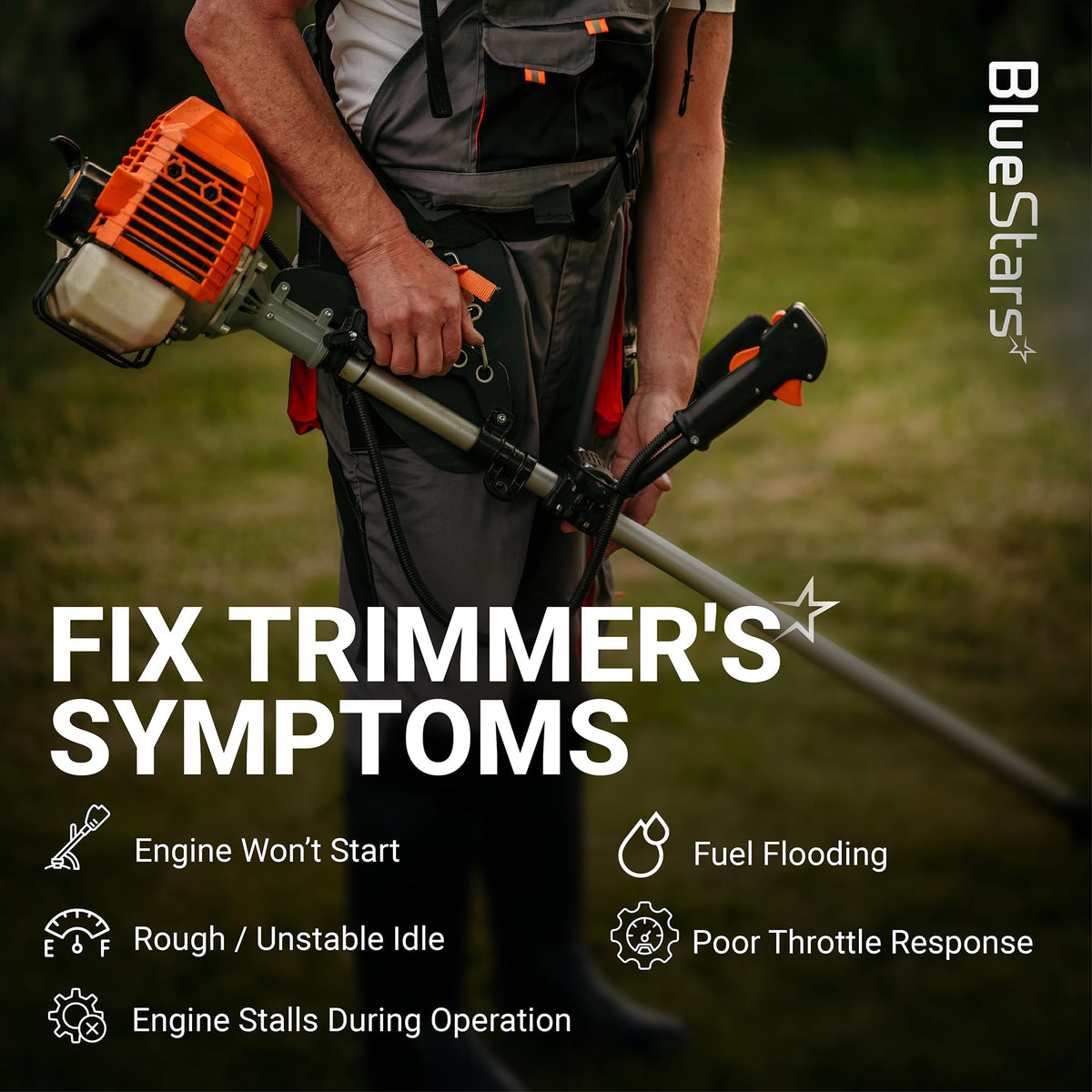 Person holding an Echo SRM-225 trimmer to troubleshoot engine performance issues like stalling and poor idle.