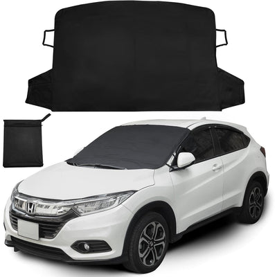 Large black windshield cover for ice and snow protection installed on a white car with a storage bag.