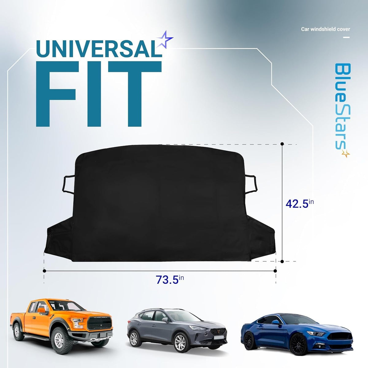Large windshield cover for ice and snow with 73.5x42.5 inch dimensions shown with universal fitment examples.