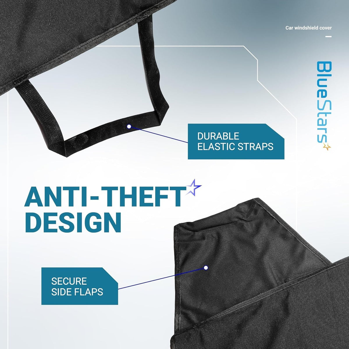 Close-up of windshield cover showing durable elastic straps and anti-theft side flaps for secure installation.