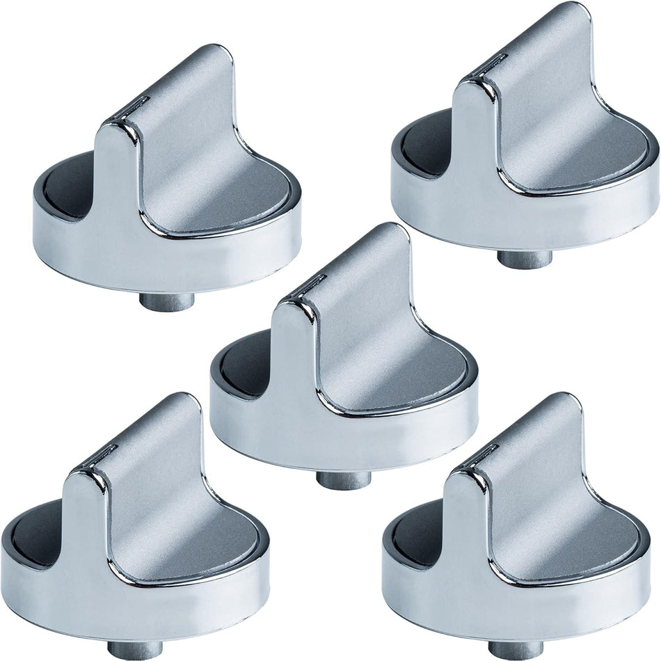 Set of five W10698166 silver stove range cooktop control knobs.