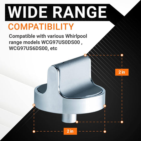 W10698166 stove range control knob showing 2-inch dimensions and Whirlpool model compatibility.