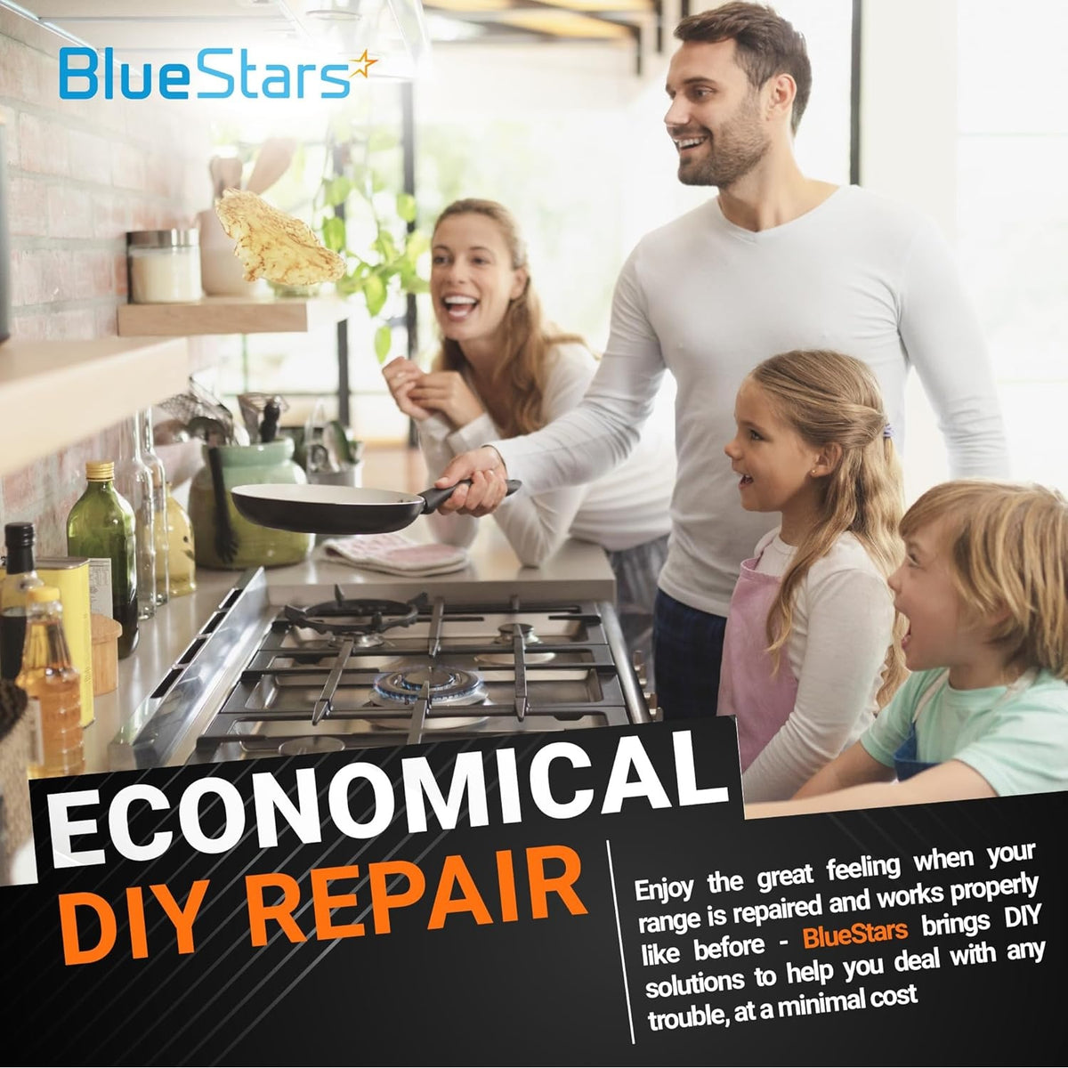 Family cooking in a kitchen with a stove range to promote W10698166 cooktop control knob DIY repair.