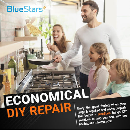 Family cooking in a kitchen with a stove range to promote W10698166 cooktop control knob DIY repair.