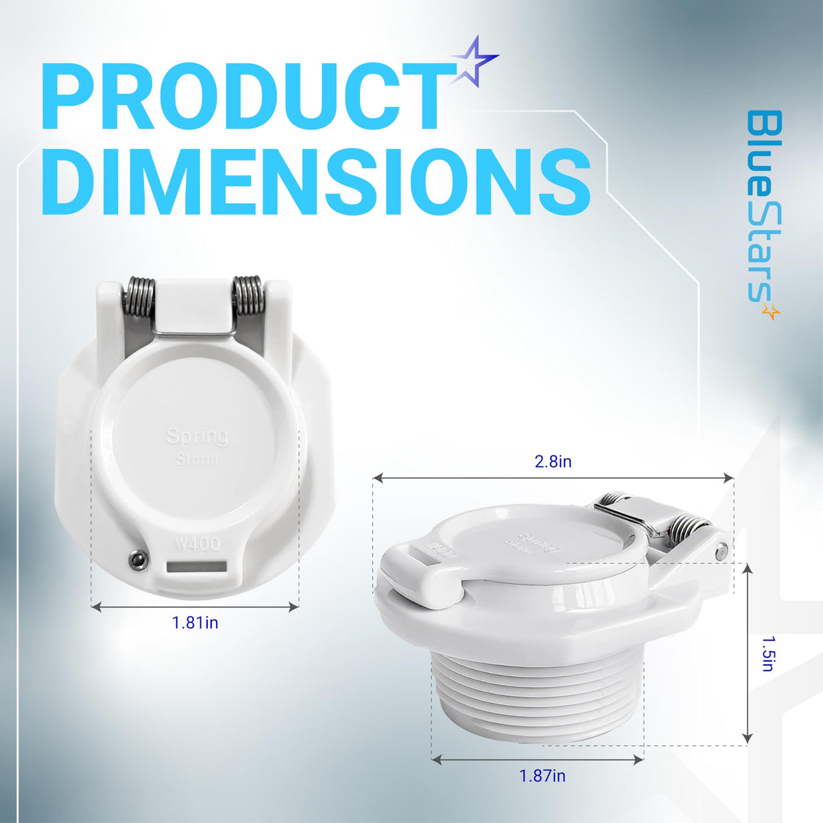 Dimension diagram of W400BWHP pool vacuum lock safety wall fitting showing top and side views with measurements.