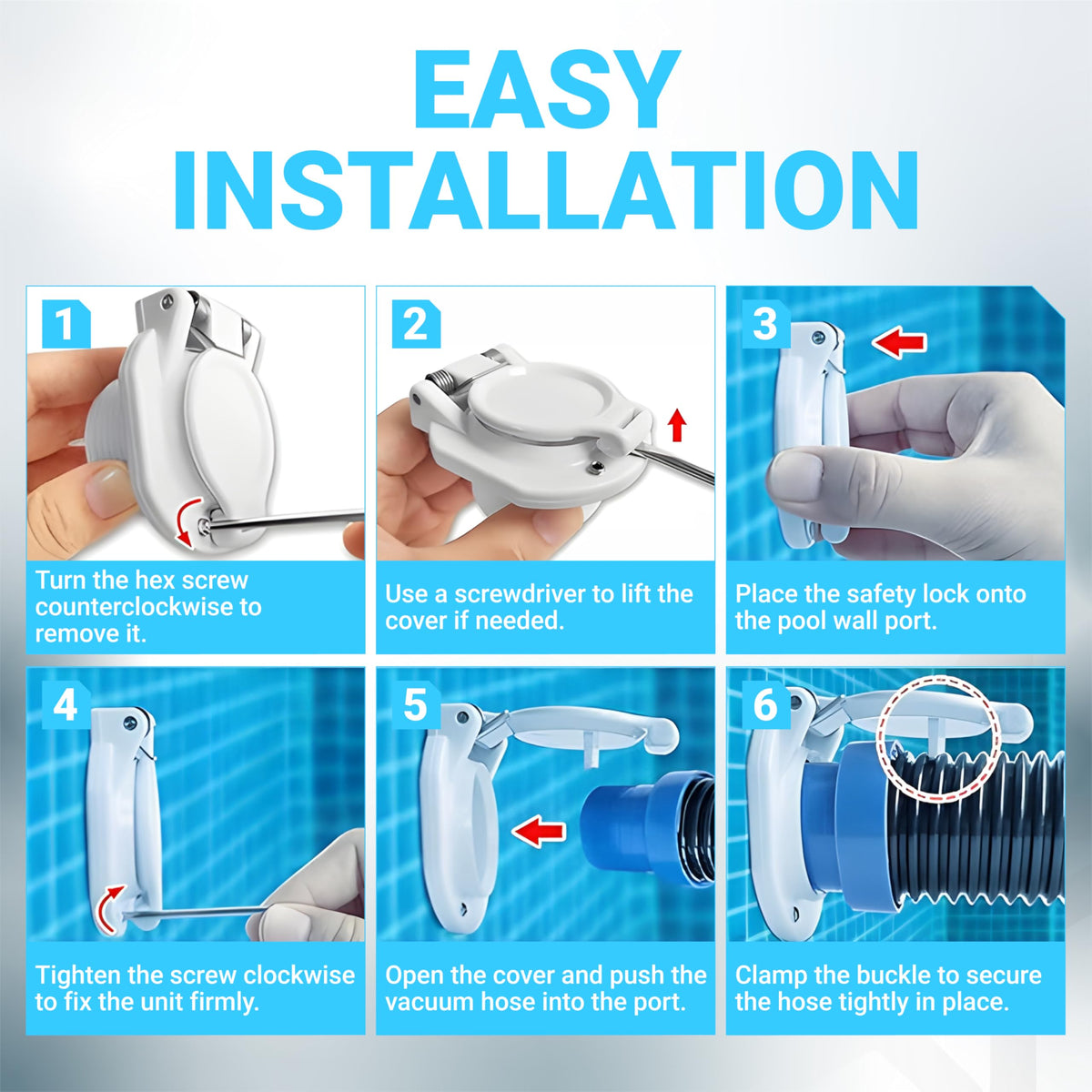 Six-step installation guide for W400BWHP pool vacuum wall fitting showing how to secure the hose and lock the cover.