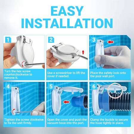 Six-step installation guide for W400BWHP pool vacuum wall fitting showing how to secure the hose and lock the cover.
