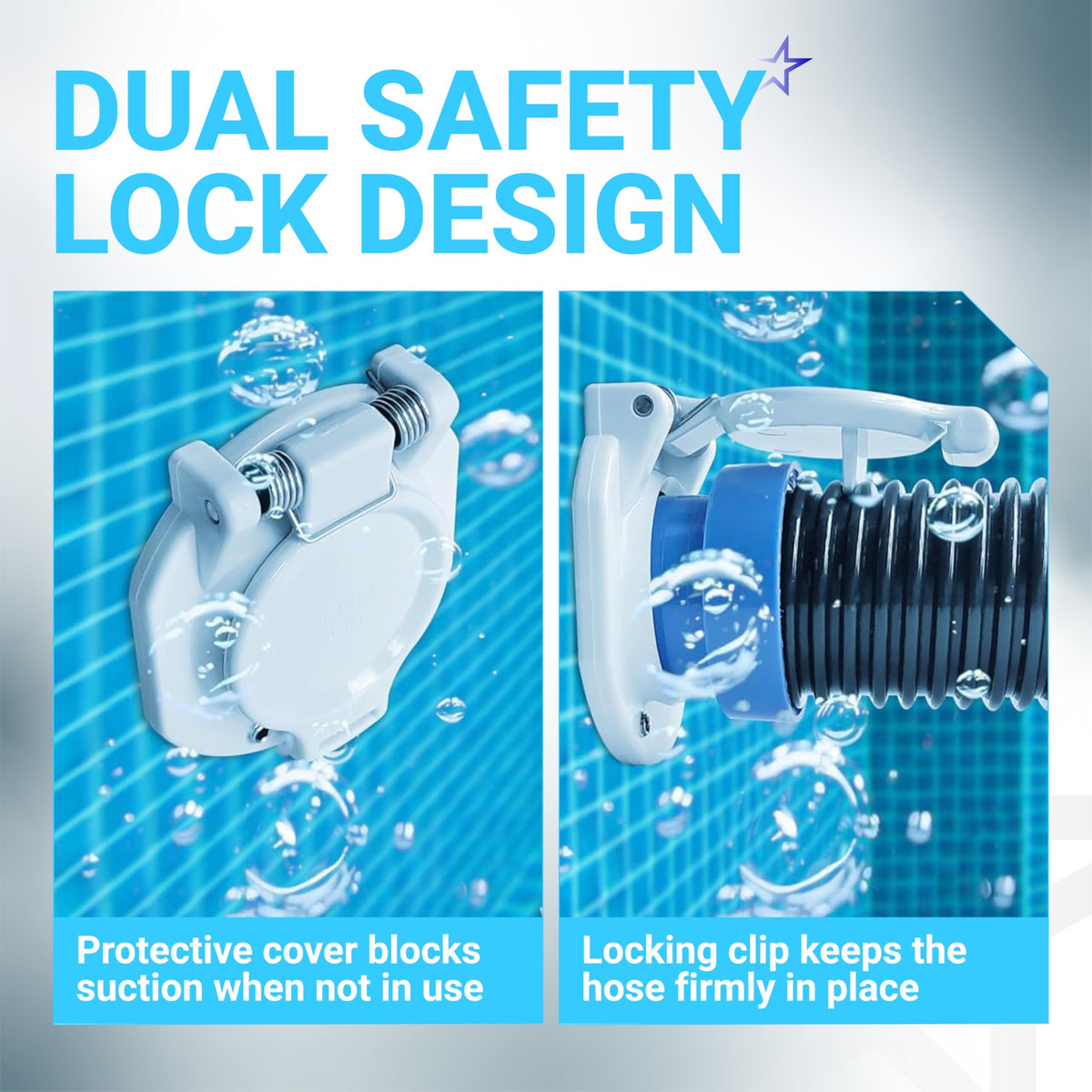W400BWHP pool vacuum wall fitting showing dual safety lock design with protective cover and hose locking clip.