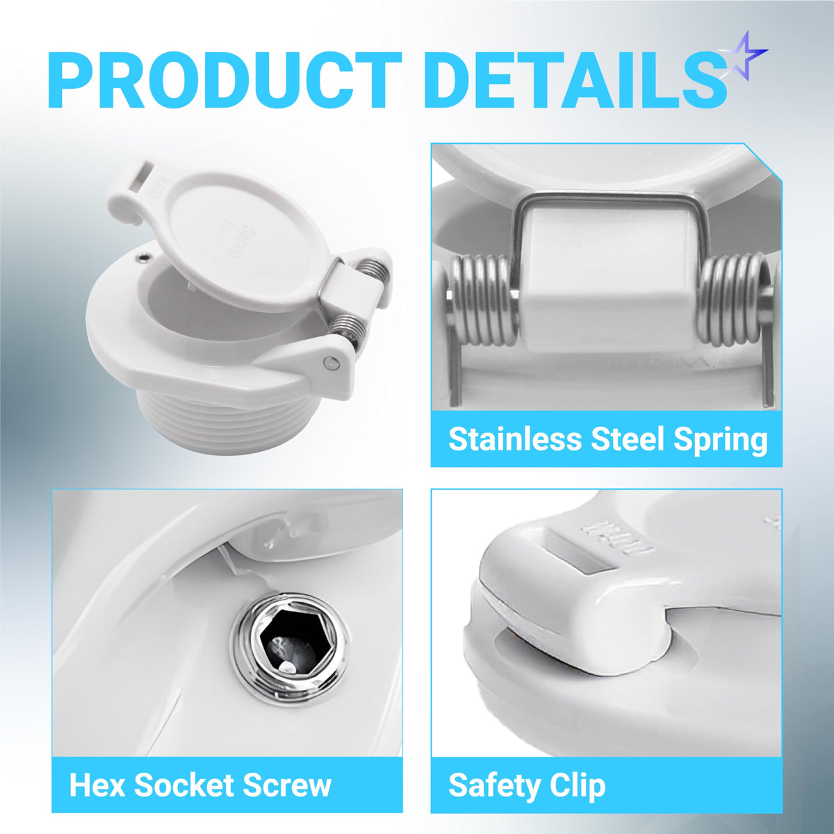 W400BWHP pool vacuum wall fitting showing stainless steel spring, hex socket screw, and safety clip details.