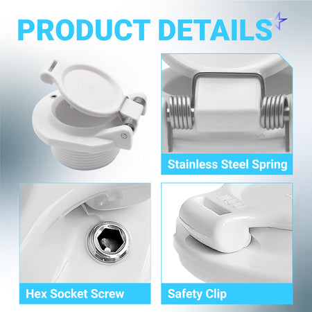 W400BWHP pool vacuum wall fitting showing stainless steel spring, hex socket screw, and safety clip details.
