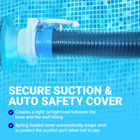 W400BWHP vacuum lock safety wall fitting with pool cleaner hose attached to a tiled pool wall.
