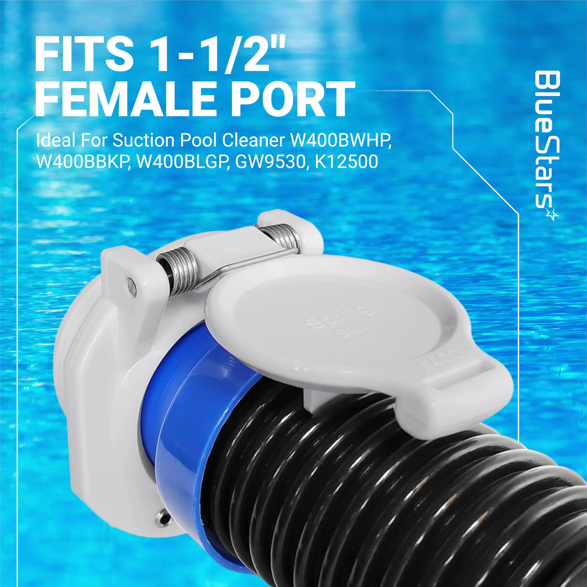 W400BWHP vacuum lock wall fitting with spring-loaded cover attached to a pool cleaner hose for 1-1/2 inch female ports.