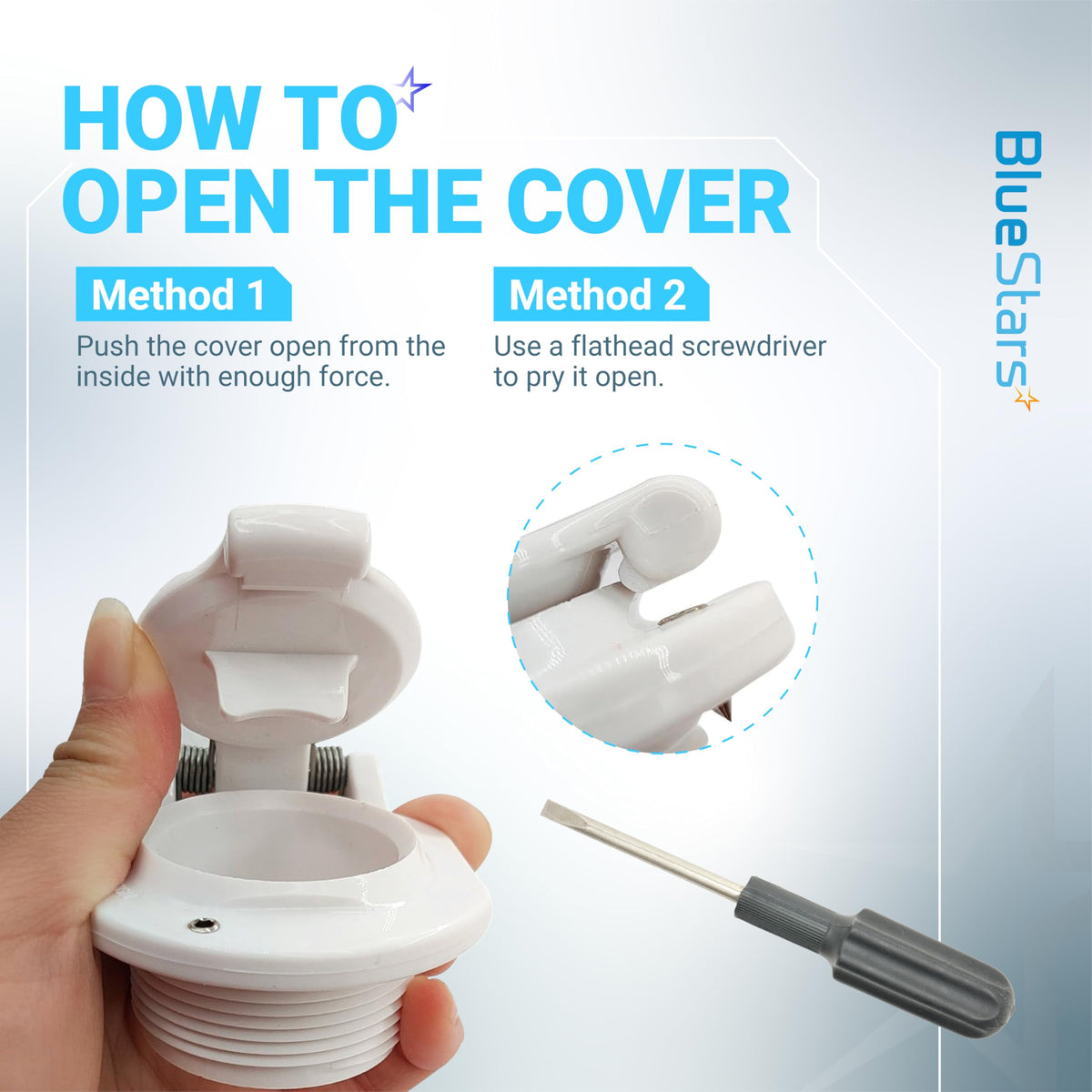Instructional graphic showing how to open the W400BWHP pool vacuum wall fitting cover using a flathead screwdriver.